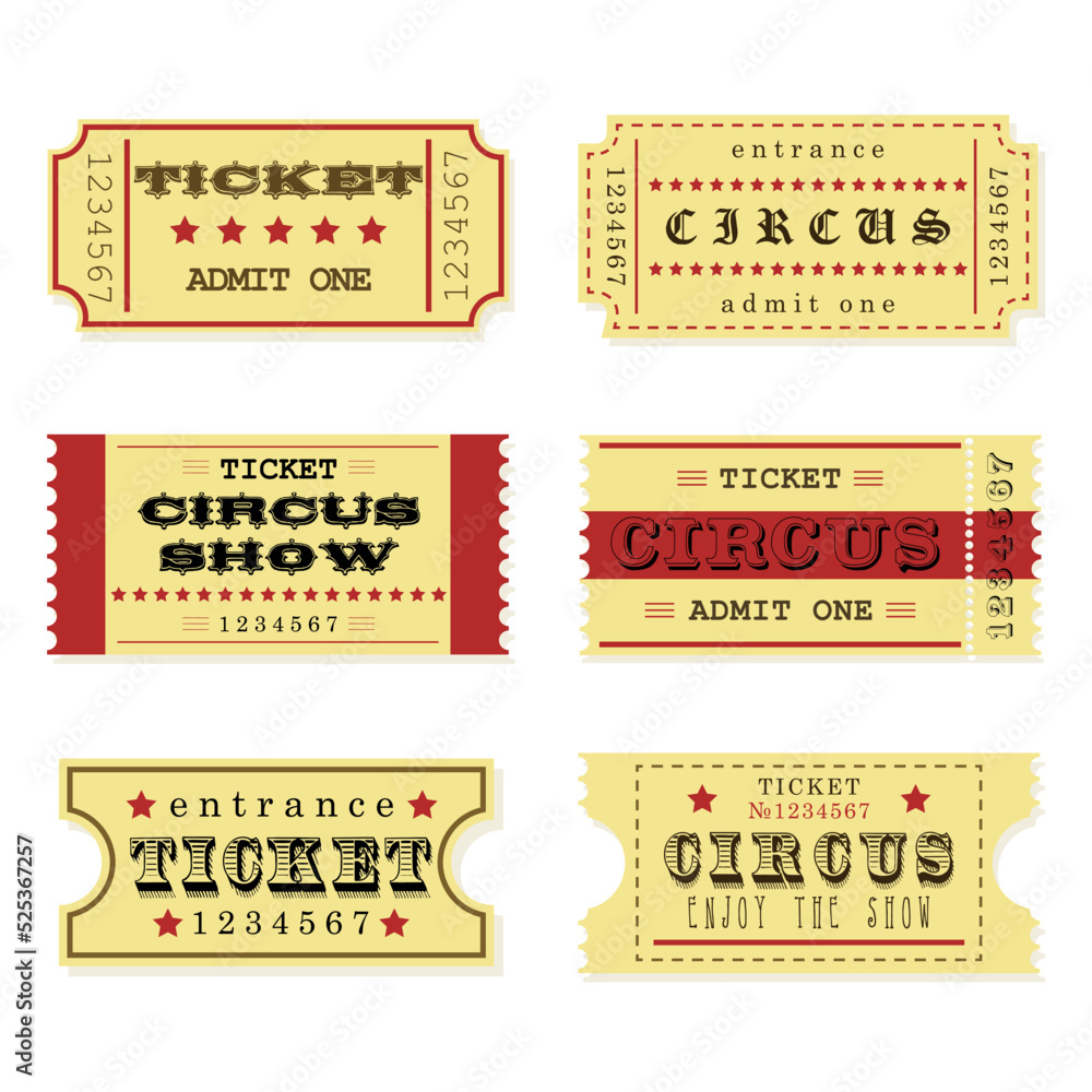 Set of six vintage circus tickets in flat style