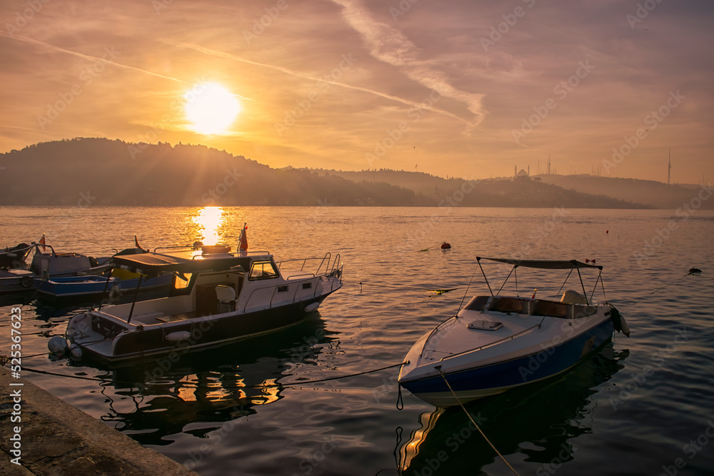 Boats moored in Istanbul at sunset.