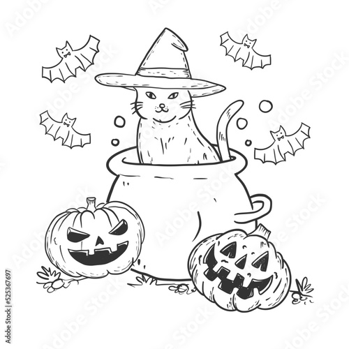 Halloween cat in a witch hat sitting among halloween pumpkin. Black and white illustration for coloring book good for kid or adult who love art. it's on transperent backgound.