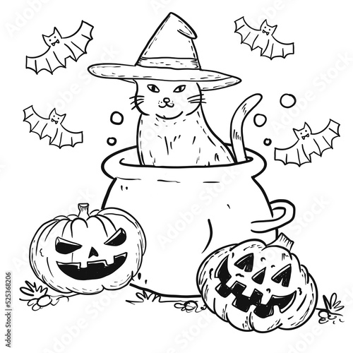Halloween cat in a witch hat sitting among halloween pumpkin. Black and white illustration for coloring book good for kid or adult who love art. it's on white backgound.