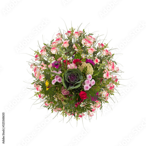 Bouquet of different varieties of flowers  top view with cut out isolated on background transparent