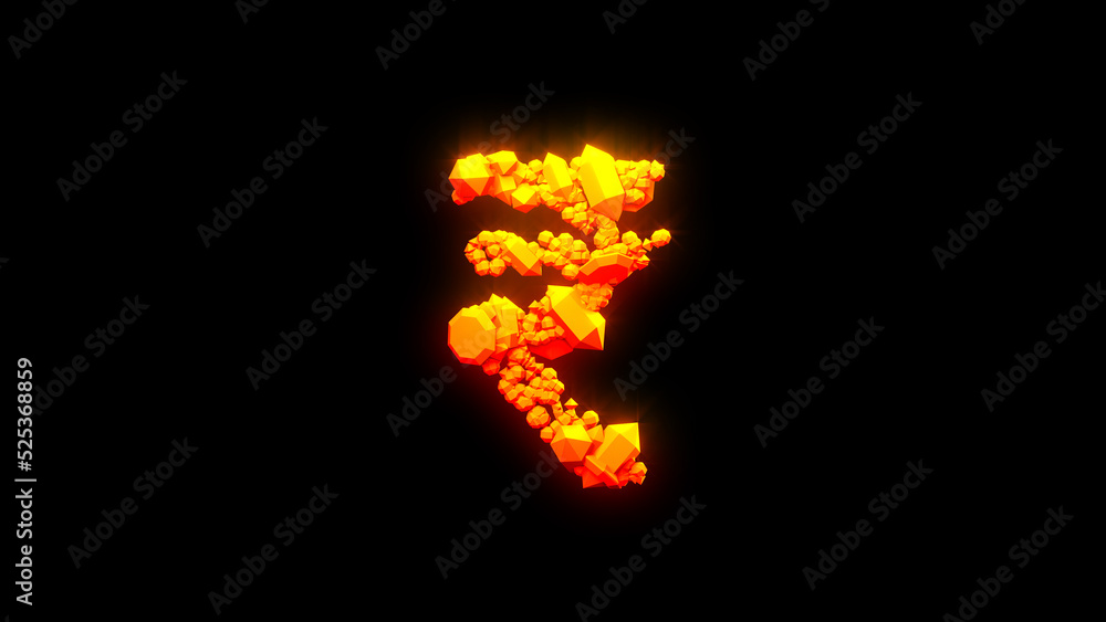 nice fire stones rupee sign - burning hot orange - red character, isolated - object 3D illustration