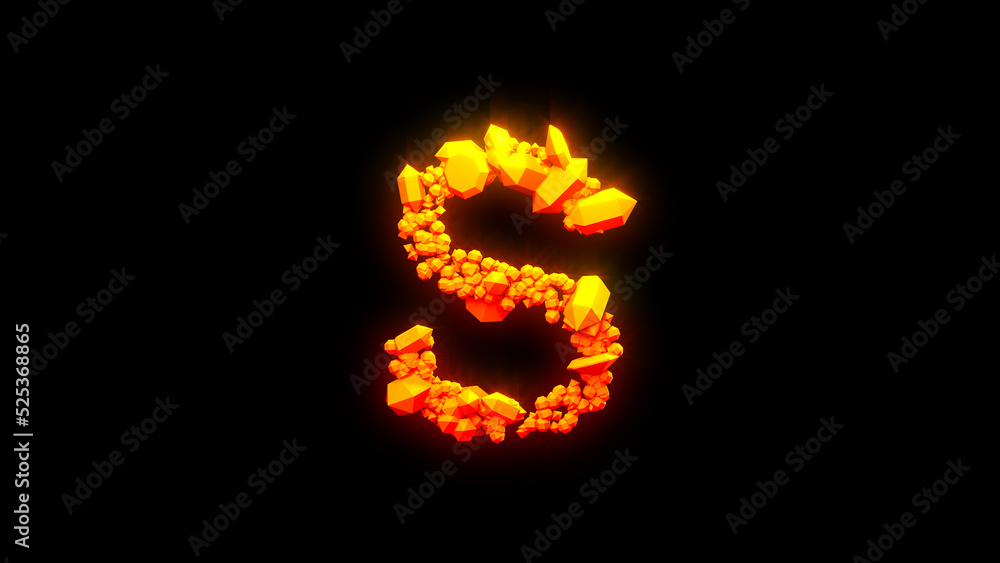 beautiful fire stones letter S - burning hot orange - red character, isolated - object 3D illustration