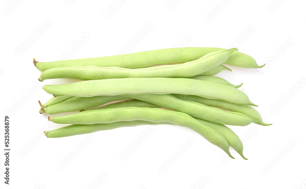 Bunch of raw bush beans, green beans on white background. Bunch of raw bush beans, green beans on white background.