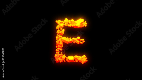 beautiful burning rocks letter E - burning hot orange - red character, isolated - object 3D rendering