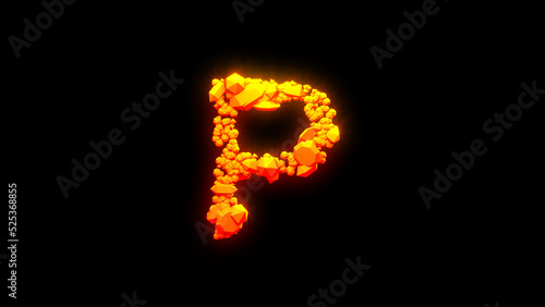nice fire rocks letter P - burning hot orange - red character, isolated - object 3D rendering