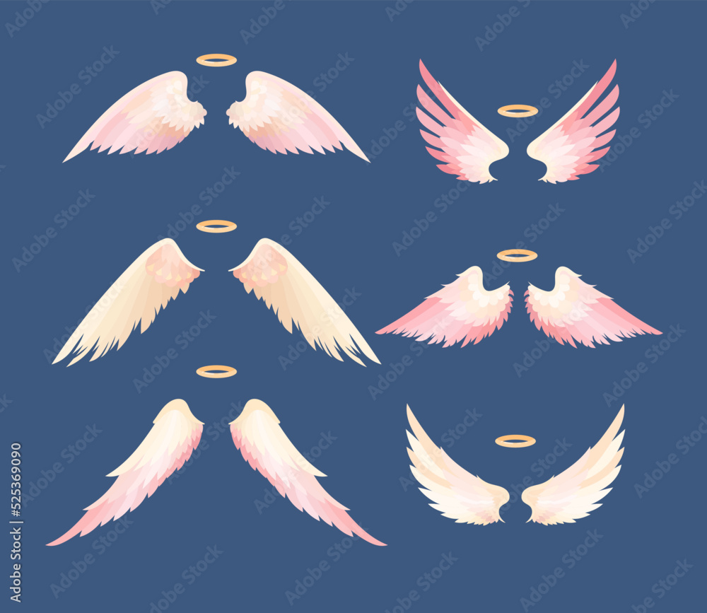 White angel wings and halo flat vector illustrations set Stock