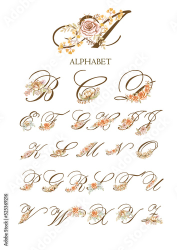 Watercolor brown alphabet with ?boho flowers of beige peach roses and leaves. Monogram initials are perfect for a wedding invitation, greeting card, logo, poster. Festive hand-painted decorations 