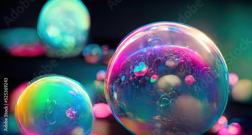 Dreamy neon bubbles, holographic bright soapy bubbles, glossy colorful liquids