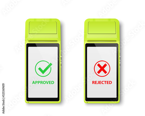 Vector 3d NFC Payment Machine, Approved and Rejected Status. Wi-fi, Wireless Payment. POS Terminal, Machine Design Template of Bank Payment Contactless Terminal, Mockup. Top VIew
