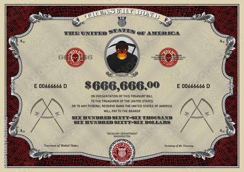 Vector treasury bond with a face value of 666,666 US dollars. Vintage red frame with guilloche grid. Skull, scythe, ribbon with an inscription in Latin means remember death