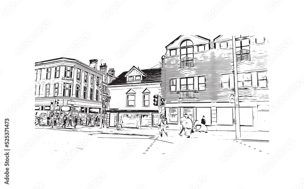 Building view with landmark of Nottingham is a city in central England. Hand drawn sketch illustration in vector.