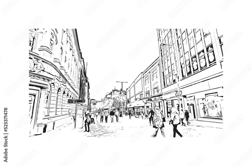 Building view with landmark of Nottingham is a city in central England. Hand drawn sketch illustration in vector. Building view with landmark of Nottingham is a city in central England. Hand drawn sketch illustration in vector.