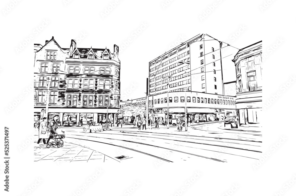 Building view with landmark of Nottingham is a city in central England. Hand drawn sketch illustration in vector.