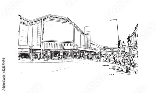 Building view with landmark of Nottingham is a city in central England. Hand drawn sketch illustration in vector.