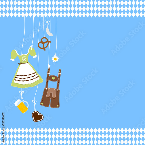 Links Hängende Oktoberfest Symbole & Bordüre Muster Blauer Hintergrund