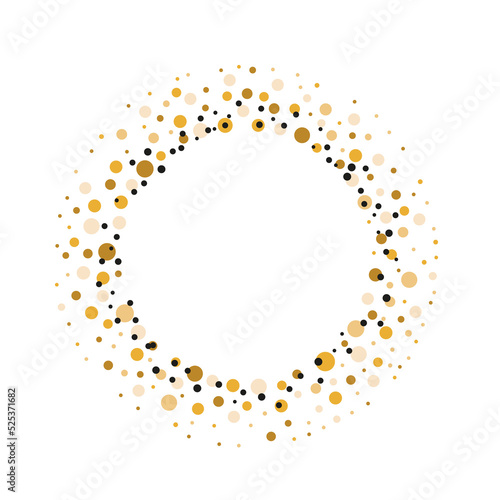 Golden and Black Dust Dots circle frame. Abstract glitter background with dots and sparkles. Copy space for text