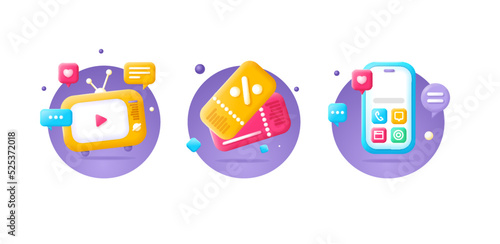 3d Media Sale Icon Set Plasticine Cartoon Style. Vector