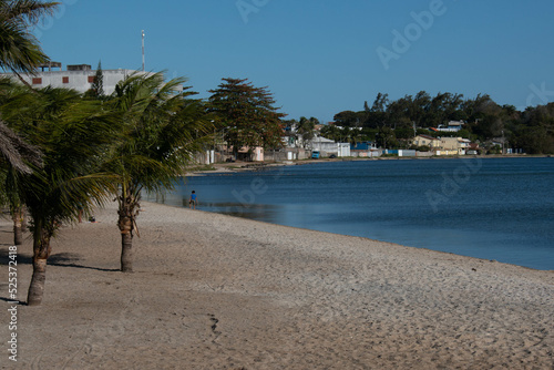 Beach with palm trees in Sao Pedro da Aldeia, on a sunny day, Cabo Frio, Brazil.