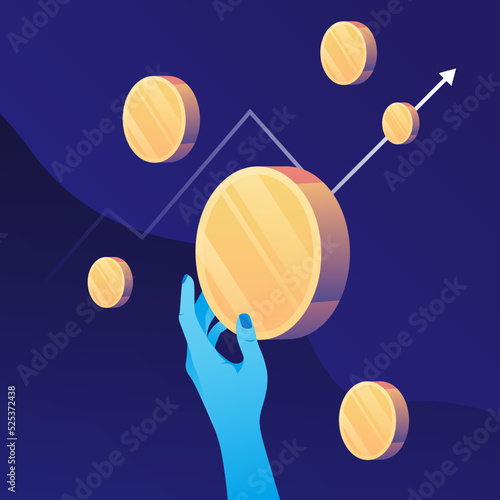 Abstract Play to Earn Illustration. Hand Holding Coins. Vector illustration