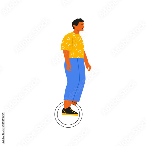 Man riding electric monowheel. Abstract flat male character with modern vehicle, active boy outdoor. Vector illustration