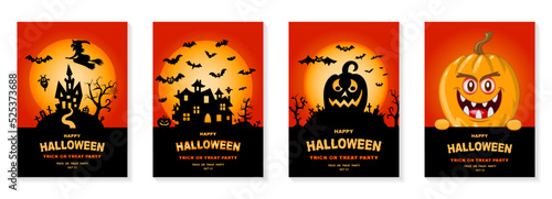 Happy Halloween party posters set. Vector illustration. Full moon, pumpkin, castle, spiders web and flying bat. Place for text. Brochure background