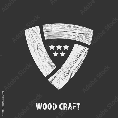Wood craft logo in gray. Woodworks professional service.  Reuleaux triangle in wood texture. Stock vector  in gray for your web site design, logo, app, UI. EPS10.