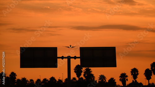 Passenger plane landing during a summer sunset