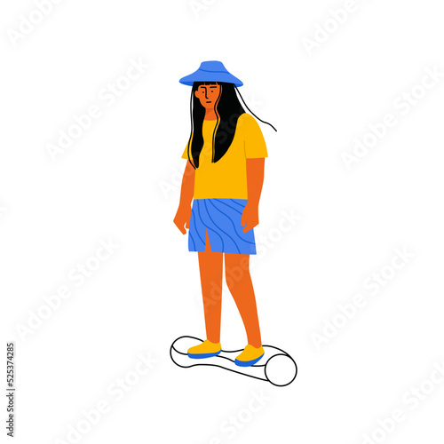 Woman riding hoverboard. Female cartoon character on self-balancing board, girl outdoor flat style. Vector illustration