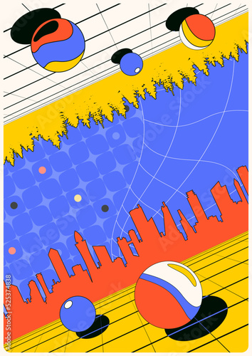 Psychedelic Style Abstract Geometric Poster. 1980s Colors Cityscape Illustration