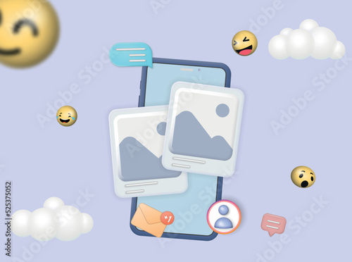 Social media photo frame, sending messages, save icons. 3d high quality vector smartphone. Vector illustration 3D style