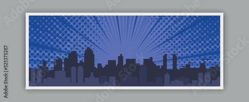 Night cityscape comic background with dark city blue radial rays and halftone effects. Vector illustration