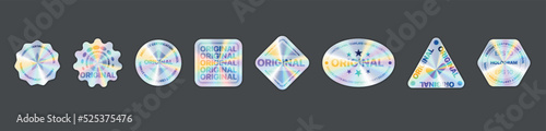 Wrinkled holographic stickers, rainbow hologram foil labels. Shiny iridescent tags with curved edges, guarantee seal emblem vector set. Illustration of realistic holograph patch