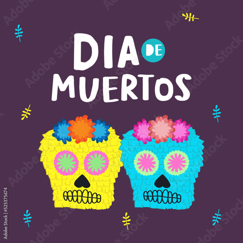 Day of Dead, Dia de los muertos, flat vector illustrations set. Mexican skull piñata, skeletons isolated cliparts, holiday stickers