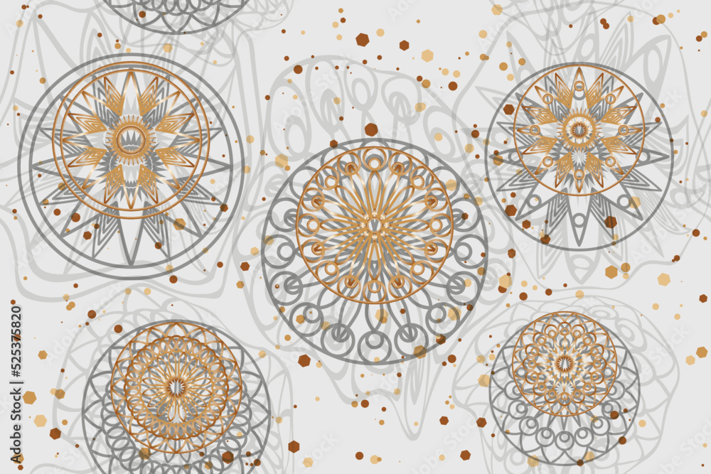 Abstract gold round mandalas and glitter on light gray background