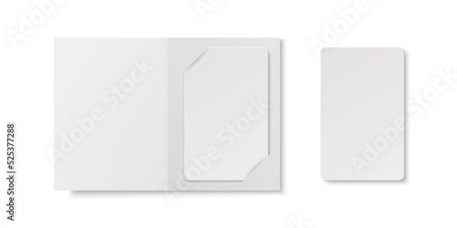 Vector 3d Realistic White Guest Room, Plastic Hotel Apartment Keycard, ID Card, Sale, Credit Card. Design Template with Paper Cover Case, Wallet for Mockup, Branding. Top View