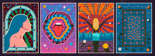 Psychedelic Style Abstract Arts. Retro Colors Abstraction Illustrations Set