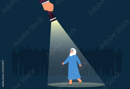 Muslim woman standing in spotlight in front of crowd. Hand pointing flashlight at Arab girl flat vector illustration. Career, employment, recruitment concept for banner, website design or landing page