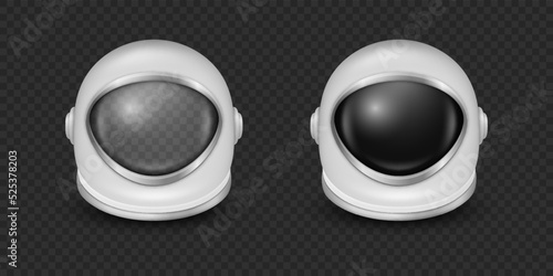Vector 3d Realistic Astronaut Helmets, Cosmonaut Mask with Transparent Glass Visor for Space Exploration, Icon Set Isolated. White Suit Part for Spaceman Head Protection. Space Helmet Design Template