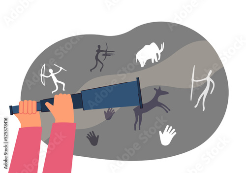 Hands of researcher holding spyglass in front of cave paintings. Anthropologist looking at caveman drawings of people and animals flat vector illustration. Anthropology, history concept for banner