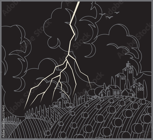 vector night autumn landscape with lightning and rain, wheat field with haystacks and village houses, mountains on the horizon and clouds in the sky
