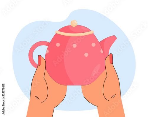 Female hands holding pink teapot. Hands with ceramic pot for brewing tea flat vector illustration. Teatime, coziness concept for banner, website design or landing web page