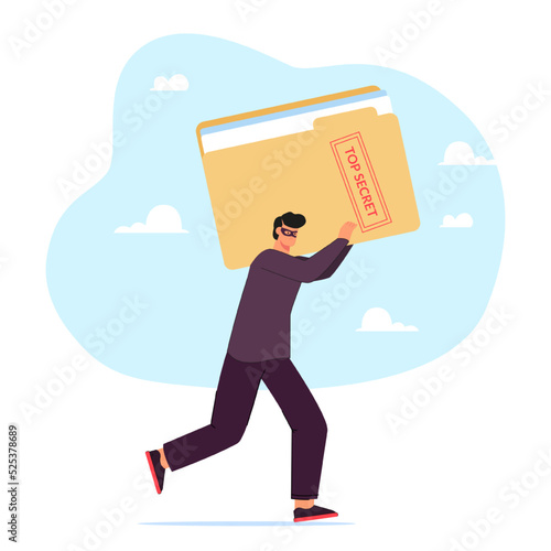 Spy in mask carrying big top secret file. Man holding folder with secret documents flat vector illustration. Confidential information, security concept for banner, website design or landing web page