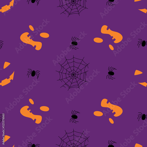 Seamless pattern with smiling faces of ghosts or Halloween pumpkins and spiders on a purple background. Vector illustration