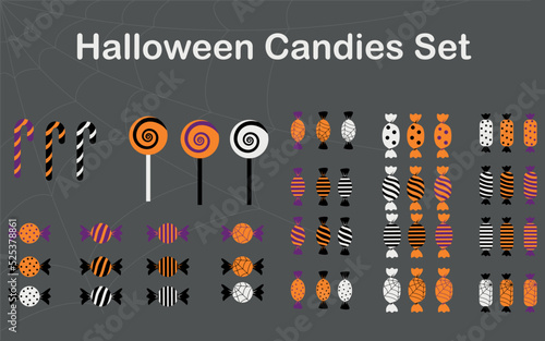 A collection of candy wrappers and lollipops in classic Halloween colors - orange, purple and black. Vector illustration