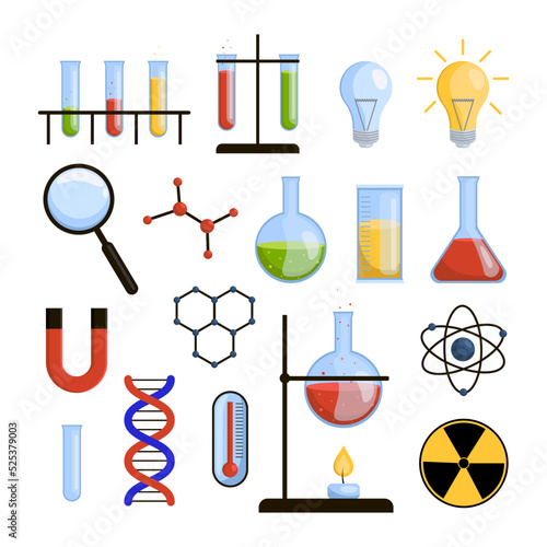 Scientific laboratory equipment flat vector illustrations set. Medical, pharmaceutical or scientific equipment for biology, physics, medicine and biotechnology, glass tubes. Science, school concept
