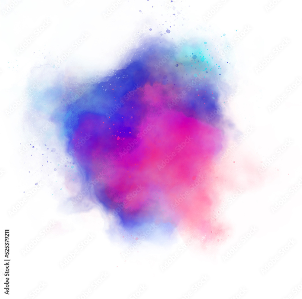 Blue purple green and pink Powder Dust Explosion Isolated on White Background. Abstract hand drawn watercolor stains background. Multi color powder explosion on white background.	
