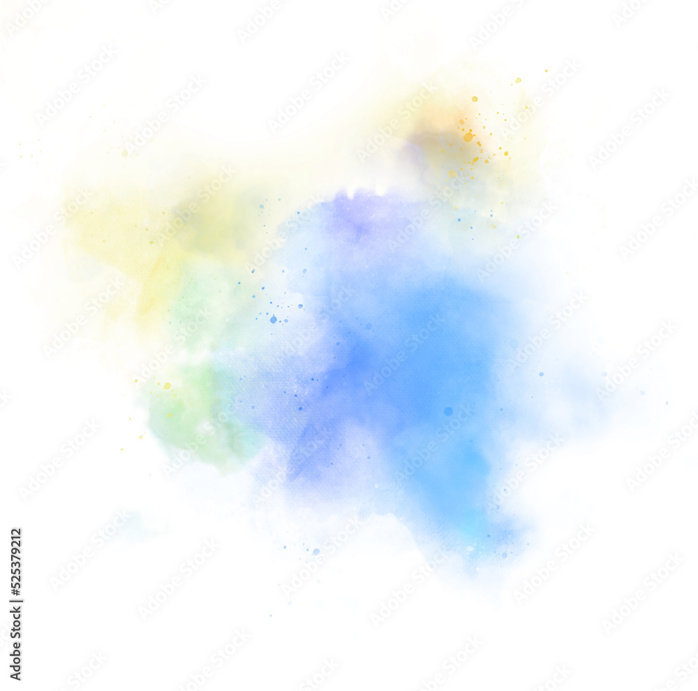 Blue Orange green and Yellow Powder Dust Explosion Isolated on White Background. Abstract hand drawn watercolor stains background. Multi color powder explosion on white background.	
