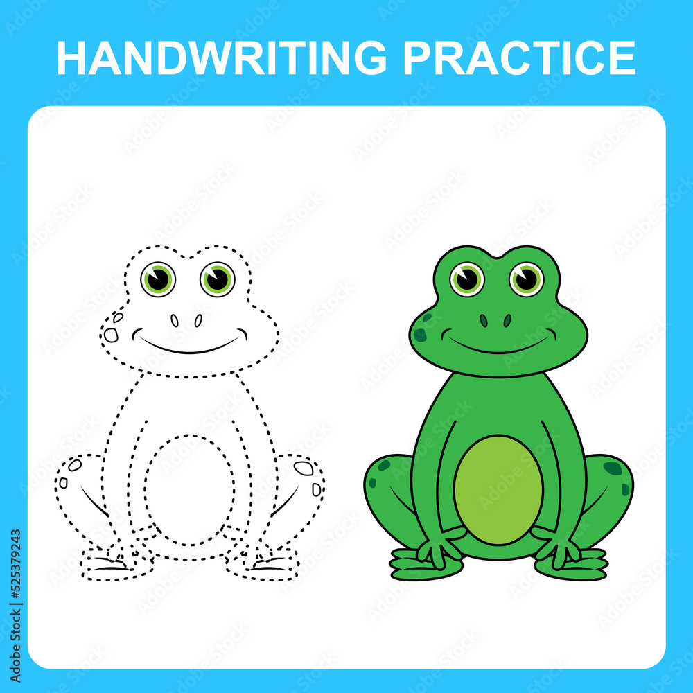 Fototapeta premium Handwriting practice. Draw lines and color the frog. Educational kids game, coloring sheet, printable worksheet. Vector illustration