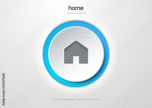 3d minimal modern home, homepage, base, main page, house push button icon emblem symbol, sign. 3d blue home icon. Mobile app icons. Device UI UX mockup. Isolated vector elements. 